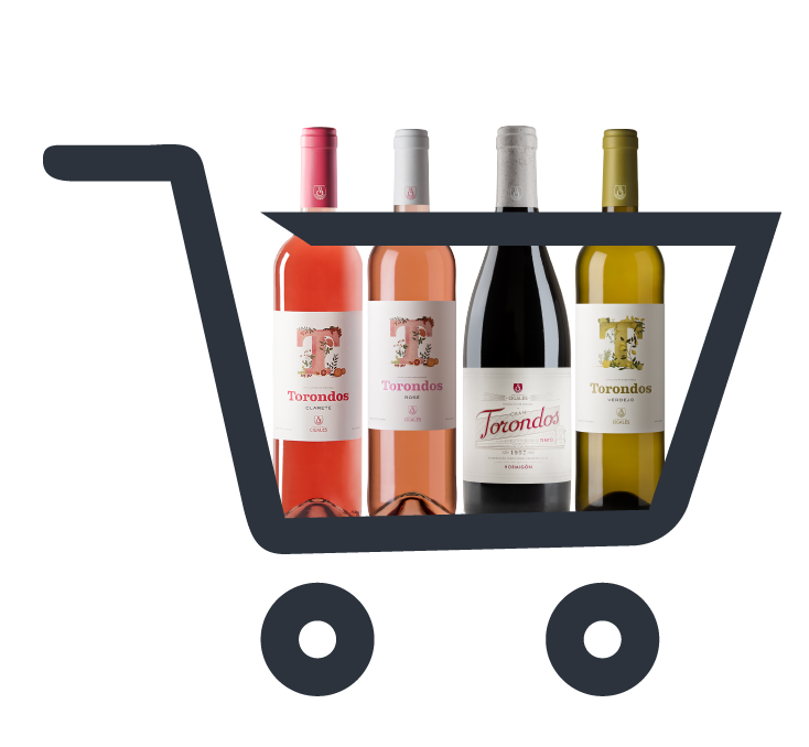 Carro de la compra con las botellas Torondos (Clarete, Rosé y Verdejo) y Gran Torondos Tinto