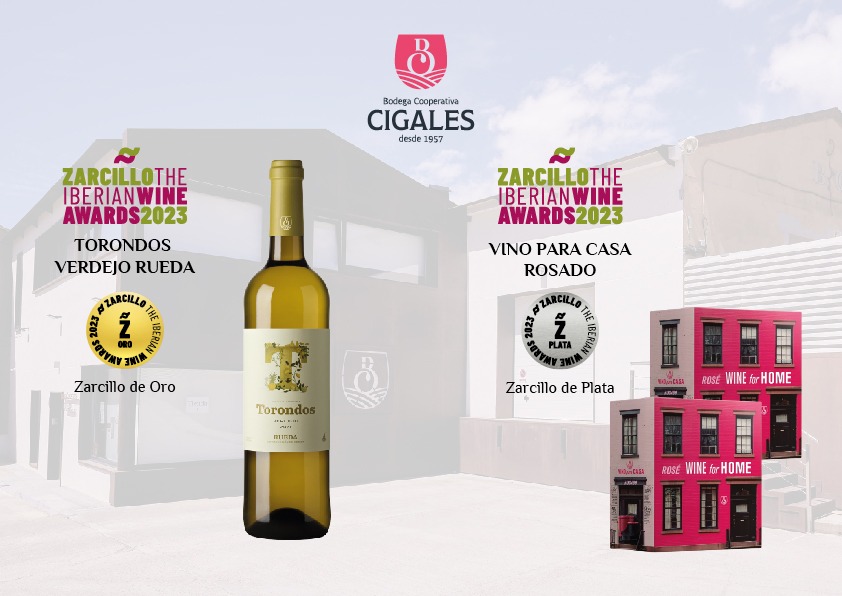 Collage con la botella de vino Torondos Verdejo Rueda y su premio Zarcillo de Oro 2023 y el Vino para Casa Rosado junto a su premio Zarcillo de Plata 2023. De fondo se ve la imagen de la bodega y el logotipo de la misa.